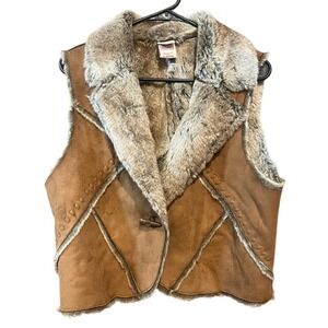 Faded Glory vintage Women's Brown Faux Suede Faux Fur Trim‎ Vest L 12 14